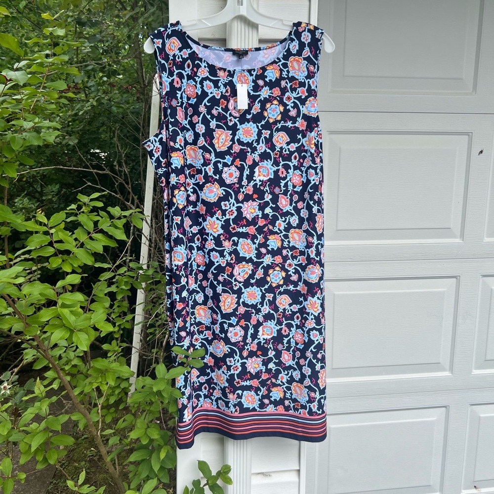 NWT Pretty & Easy! Navy Light Blue Orange Blues Pink Floral Sleeveless Dress